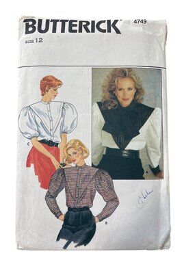 Vintage 80s Butterick 4749 Sewing Pattern Size 12 Blouses Puff Tie Retro UNCUT